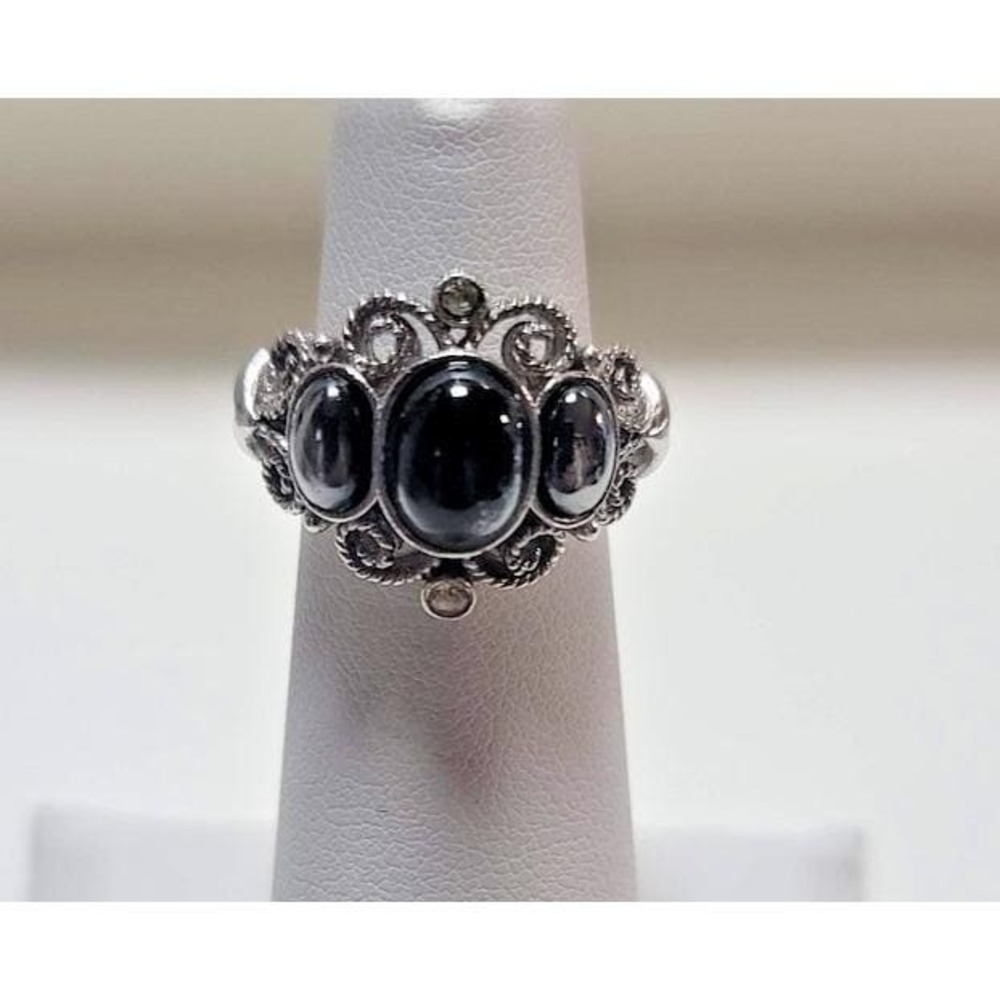 Avon Silver Tone Black Glass Ring adjustable 4 Oval Cabochon Cocktail Statement